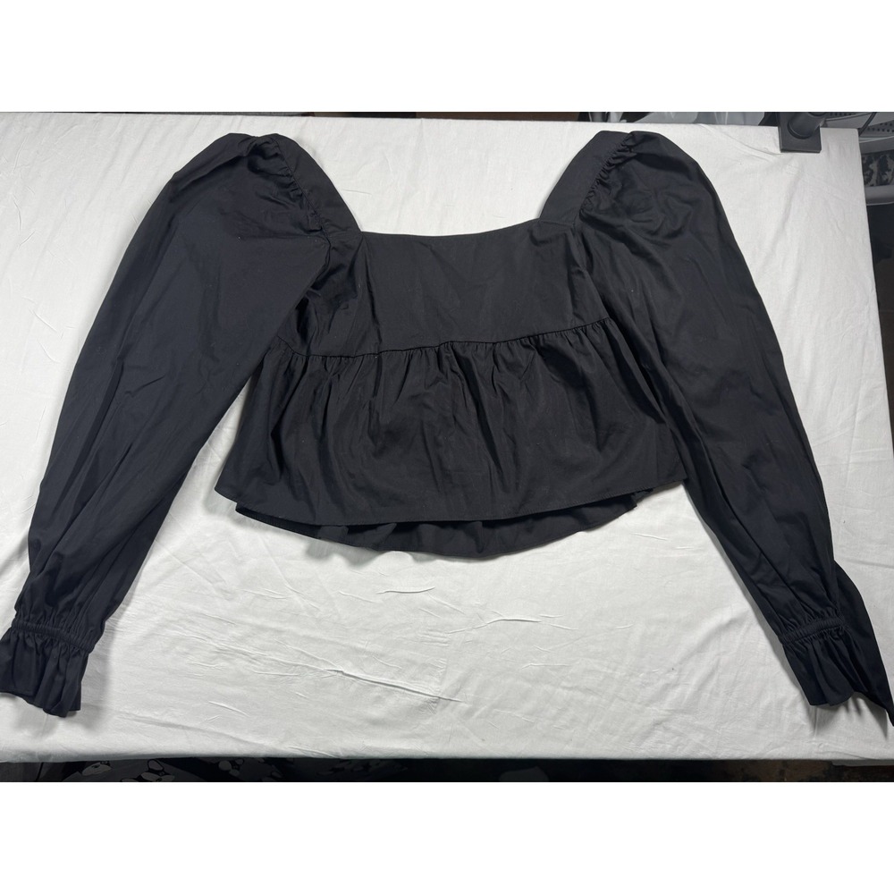 H&M Divided Peplum Blouse Women L Black NWT Puff Sleeve Square Neck Goth Prairie